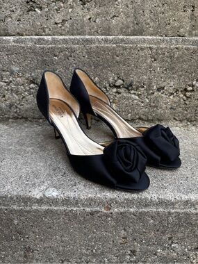 kate spade Black Satin Peep-Toe Heels with Rosette